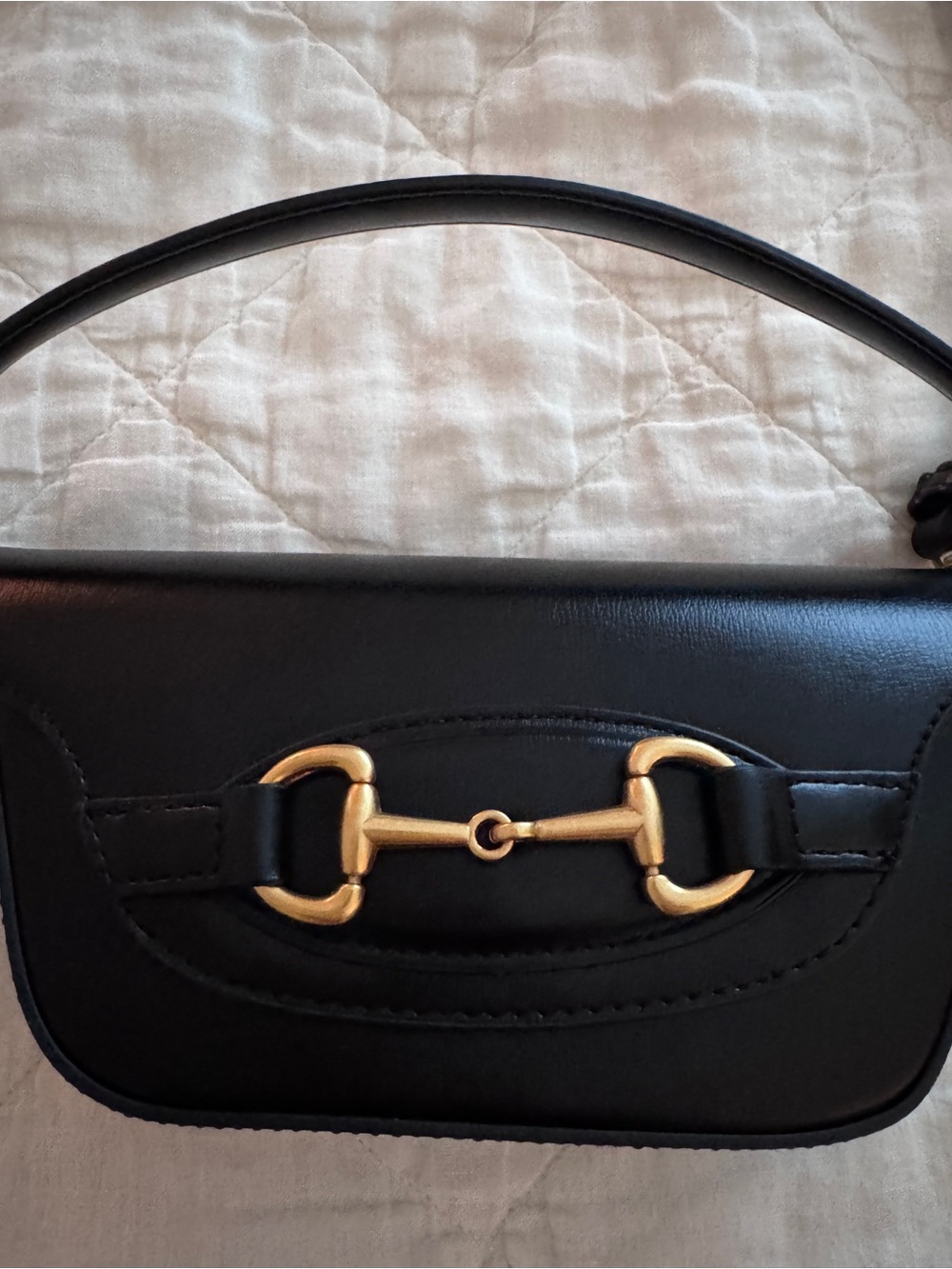 Black Leather Shoulder Bag with Gold Bit Accent